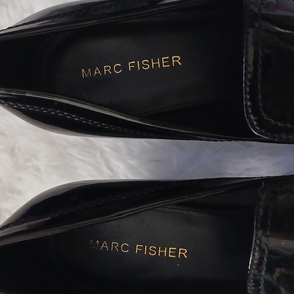 Marc Fisher Glossy Black Grannycore  Chunky Heel Loafers with Chain Accent - Picture 4 of 16